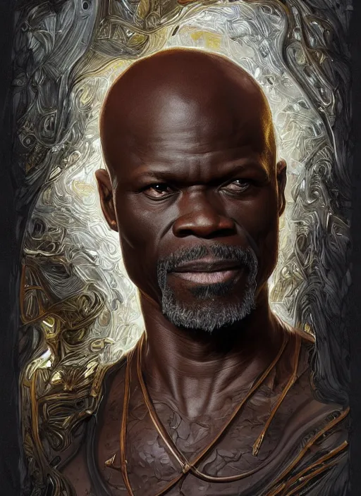 Image similar to Djimon Hounsou as a ruggedly handsome hero, intricate, elegant, highly detailed, centered, digital painting, artstation, concept art, smooth, sharp focus, illustration, art by artgerm and donato giancola and Joseph Christian Leyendecker