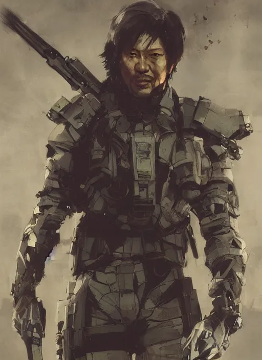 Image similar to BongBong Marcos wearing metal gear armor holding a shotgun dramatic lighting art by Yoji Shinkawa by Richard Schmid by greg rutkowski by Sandra Chevrier by Jeremy Lipking cinematic dramatic