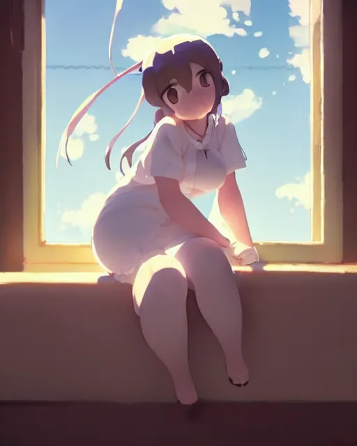 Image similar to a cute stylized thicc ghost girl, sitting on a windowsill of an old house, dramtic lighting, calming ， by makoto shinkai an krenz cushart