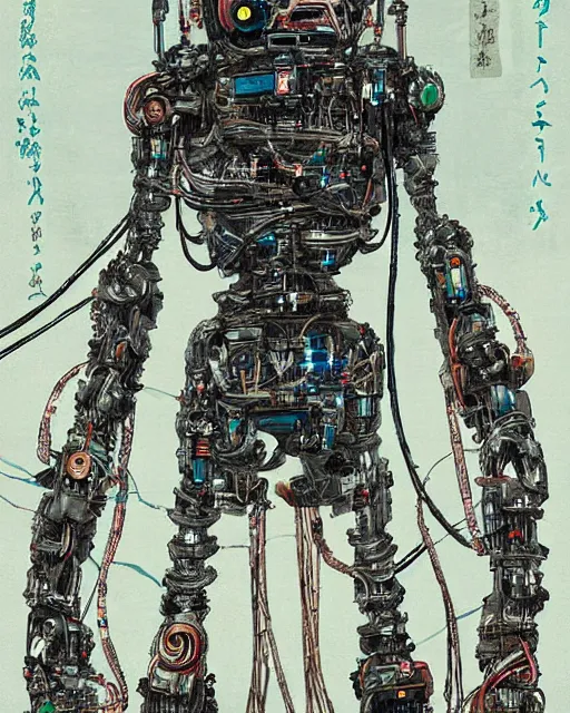 Image similar to Kuniyoshi portrait of a robot saint made of cables and robotic pod by greg rutkowski