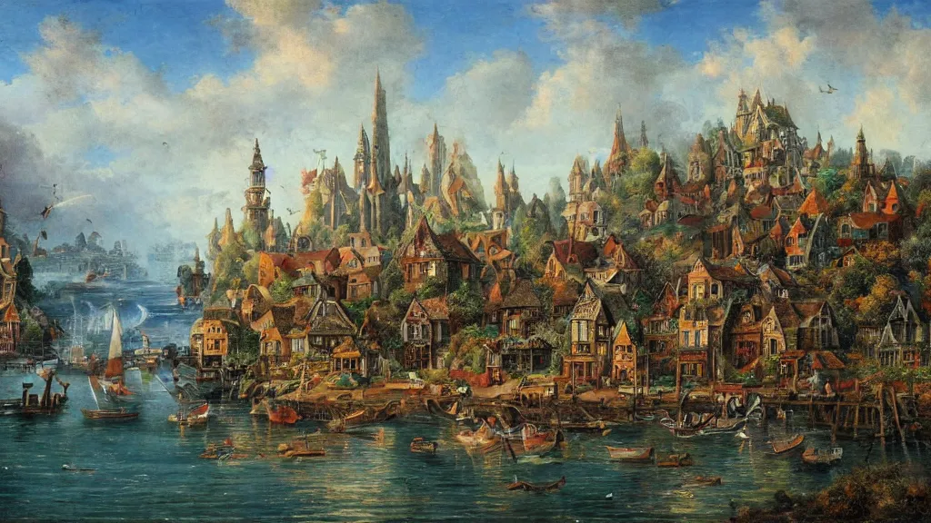 Image similar to an old enchanted fantasy town, viewed from the harbor, by jean - baptist monge,