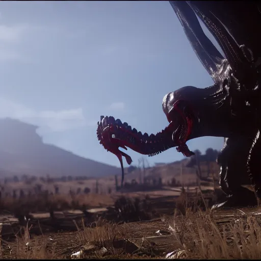 Prompt: xenomorph in red dead redemption 2 (2018), depth of field, midday