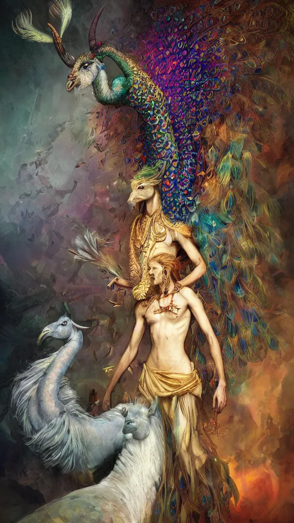 Prompt: painting of a beautiful rendition of the mythical adramelech, fabulous servant of lucifer, with the head of a donkey, and a peacock tail, illustration, artistic, colorful, hyper detailed, in the style of greg rutkowski,