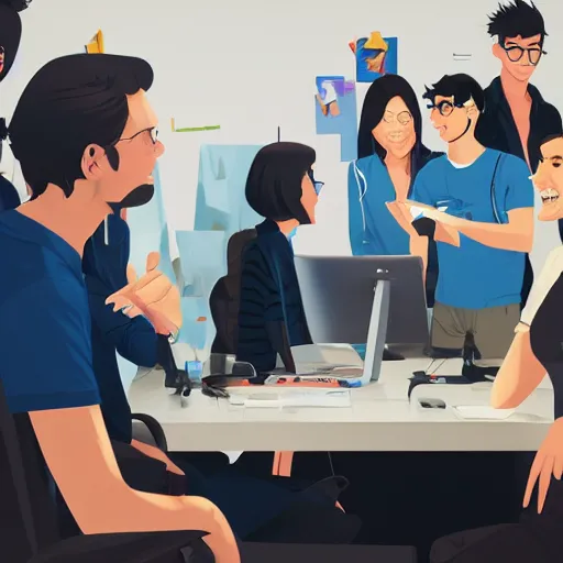 Prompt: team of sap employees in the office performing a due diligence to a startup based in italy. photoshop filter cutout vector behance hd by jesper ejsing, by rhads, makoto shinkai and lois van baarle, ilya kuvshinov, rossdraws, illustration, art by ilya kuvshinov