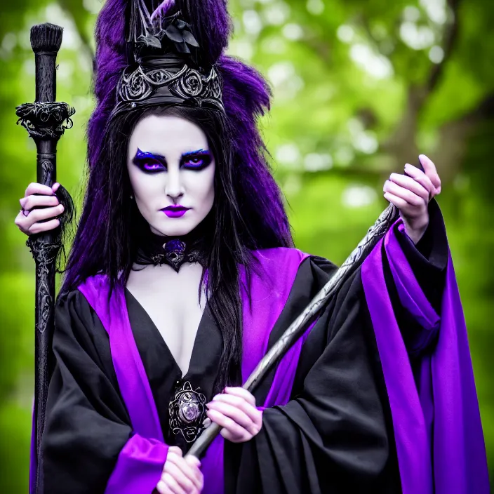 Image similar to professional photograph of a real - life beautiful elemental dark witch with ornate purple and black robes and staff. extremely detailed. 8 k