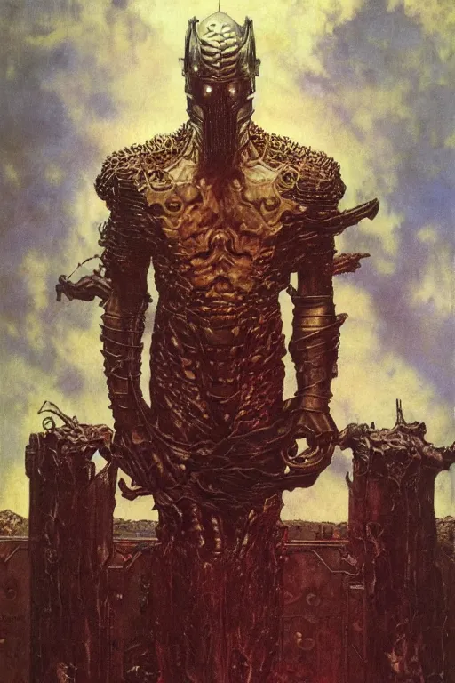 Image similar to full length portrait of giant dark evil armoured marvel supervillain, painted by lawrence alma tadema, zdzislaw beksinski, norman rockwell, jack kirby, tom lovell, alex malveda, greg staples