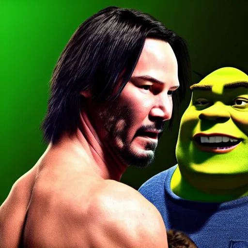 Image similar to muscular keanu reeves fighting muscular shrek, highly detailed, high quality, hd, 4 k, 8 k, canon 3 0 0 mm, professional photographer, 4 0 mp, lifelike, top - rated, award winning, realistic, sharp, no blur, edited, corrected, trending