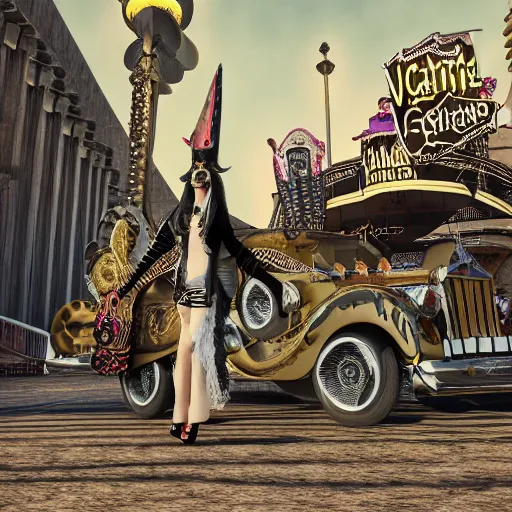 Image similar to gothic style Las Vegas in 1973, psychotic anthropomorphic Elvis chickens roaming the streets and driving Cadillacs, bright light city, high octane, 8k vray render, subsurface scatter, drum scanner, intricate complexity, cinematic quality