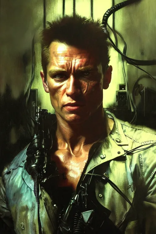 Image similar to hyperrealist portrait of the terminator, it is decorated with wires and monitors in the background. by jeremy mann and alphonse mucha, fantasy art, photo realistic, dynamic lighting, artstation, poster, volumetric lighting, very detailed faces, 4 k, award winning