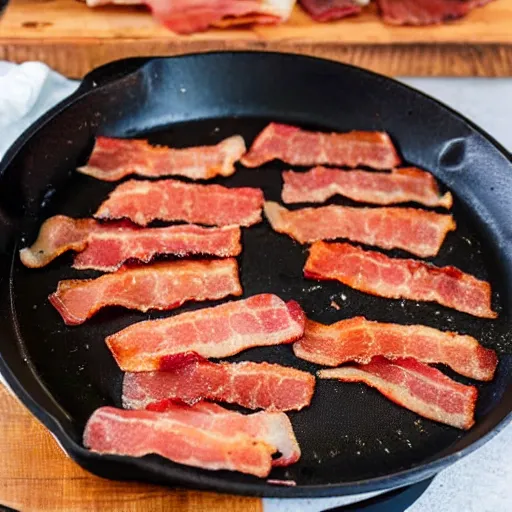 Image similar to bite sized bacon strips sizzling on a pan
