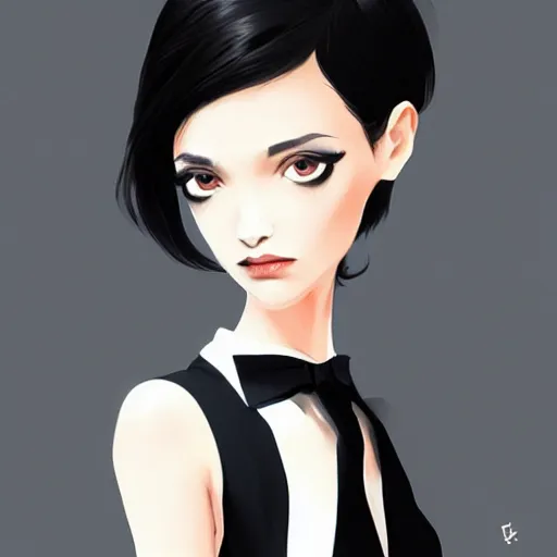 Image similar to slim girl in tuxedo with short black hair, elegant, 2d, ultra highly detailed, digital painting, smooth, sharp focus, artstation, art by Ilya Kuvshinov