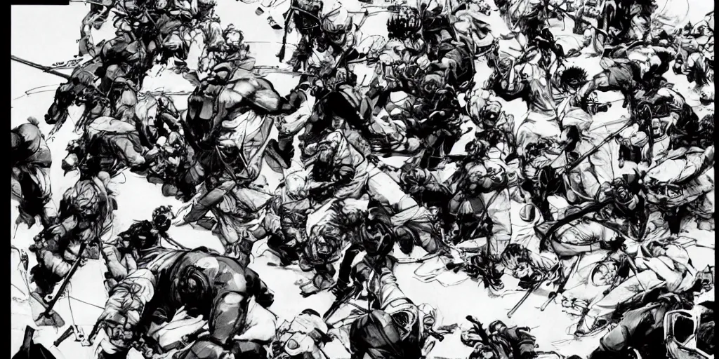 Image similar to a tight shot of a dozen monkeys attacking people in Japan by Yoji Shinkawa and Ashley Wood, rule of thirds
