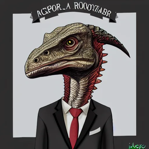 Image similar to velociraptor wearing a suit, photorealistic