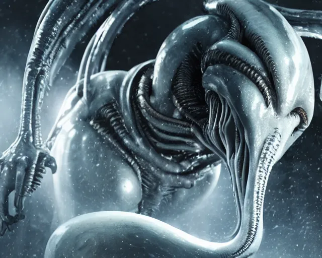 Prompt: cinematic full - body - shot still of kim kardashian being syphon fed by an xenomorph in a transparent alien liquid, wet flowing hair, gooey skin, illustration, unreal engine 5, 8 k, made by h. r. giger.