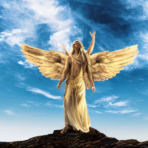 Prompt: gigantic biblical depiction of an angel towering over a vast landscape, cinematic, realistic, geometric white marble body, photorealistic, golden sky color, global illumination, volumetric lighting, god rays, beautiful composition, majestic clouds, soft colors, heavenly lighting