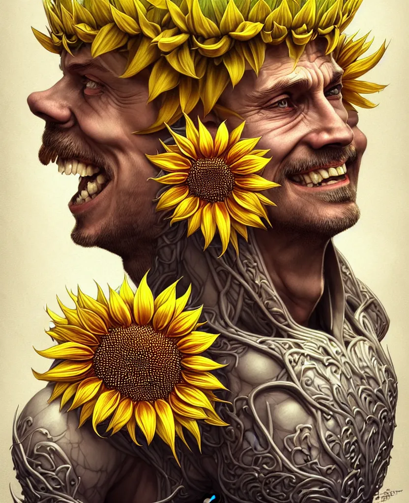 Image similar to digital art, centered full body of Putin smiling king, Sunflower crown, ,intricate, veins, by James Jean and by artgerm , by ross tran ultradetailed, charachter design, concept art, trending on artstation,