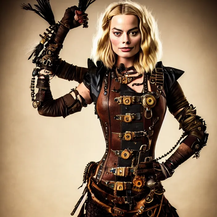 Image similar to full body portrait photograph of a margot robbie as a steampunk warrior. Extremely detailed. 8k
