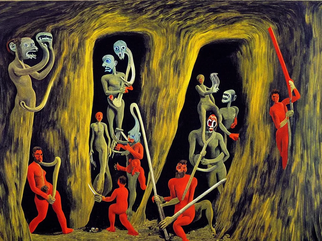 Image similar to a painting of a human of a big mouth turns into a cave with strange bearded beings with scythes, 4 k, art by max ernst