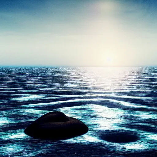 Image similar to a photo of a peaceful serene place, it's on an alien world. i am. looking at the ocean. the ocean seems to sparkle like diamonds. i can see a large blue planet floating in the horizon. hyperrealism