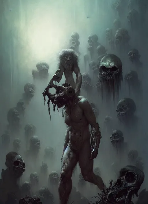 Image similar to shackled in the void of purgatory, frank frank frazetta and cgsociety, stunning sasquatch, charlie bowater and tom bagshaw, insanely detailed, deviantart, space art, atoms surrounded by skulls, death, and spirits deep water, blood splatters, horror, sci - fi, surrealist painting, by peter mohrbacher