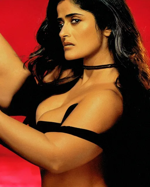 Image similar to film still of closeup portrait of young beautiful salma hayek in from dusk till dawn 1 9 9 6, octane, arney freytag, glamour pose,