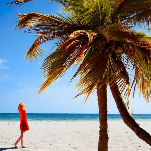 Prompt: red haired girl on beach with a palm tree