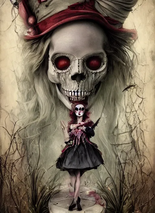 Image similar to Alice in Wonderland Mad Hatter Death Tarot card,highly detailed,half skull face,cinematic,8k,by Stanley Artgermm,Tom Bagshaw,Greg Rutkowski,Carne Griffiths, Ayami Kojima, Beksinski, Giger,Anne Stokes, Benjamin Lacombe, Naoto Hattori,trending on DeviantArt,hyper detailed,horror, full of colour