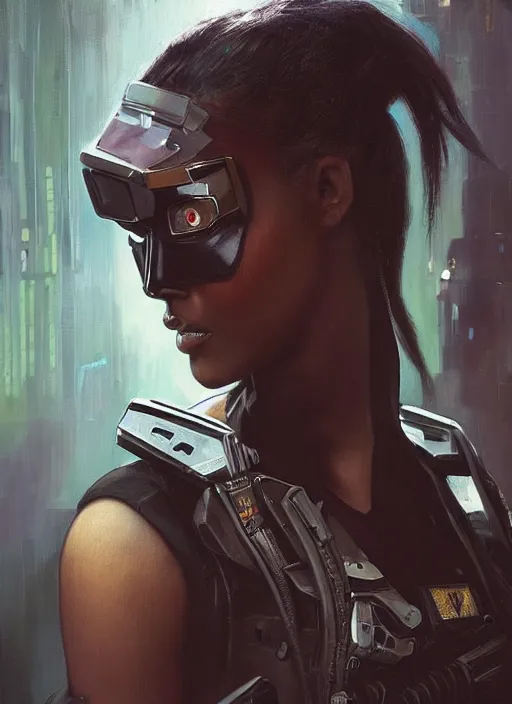 Prompt: Beautiful Juliana. beautiful female cyberpunk Blackops commander wearing a military vest and military stealthsuit (cyberpunk 2077, Blade Runner 2049). gorgeous face. African woman. Orientalist portrait by john william waterhouse and Edwin Longsden Long and Theodore Ralli and Nasreddine Dinet, oil on canvas. Cinematic, hyper realism, realistic proportions, dramatic lighting, high detail 4k