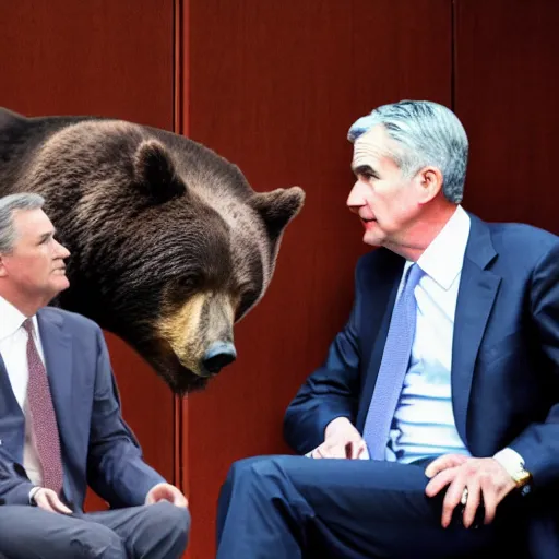 Image similar to Jerome Powell talking to a bear