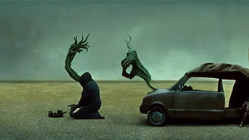 Image similar to the strange creature sells a used car, film still from the movie directed by denis villeneuve and david cronenberg with art direction by salvador dali and zdzisław beksinski, wide lens