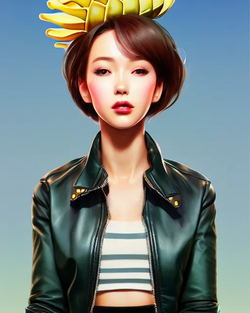 Image similar to pineapple girl wearing a candy hat and leather jacket, fine detail!! anime!! realistic shaded lighting!!, kim hyun joo, digital painting by ilya kuvshinov, magali villeneuve, artgerm, jeremy lipkin and michael garmash and rob rey