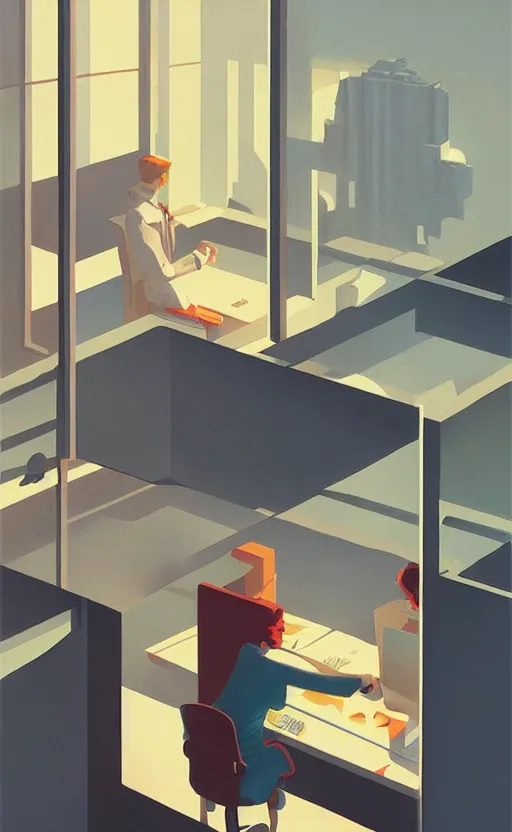 Prompt: office in heaven, surreal illustration, by atey ghailan and escher and edward hopper