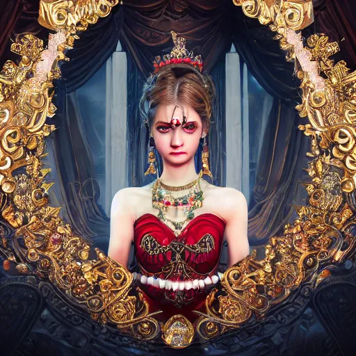 Image similar to photograph of wonderful princess with smooth fair skin, alluring eyes, red jewelry, breathtaking, elegant, ornate, intricate, hyper detailed, accent lighting, dramatic light, 4 k octane render