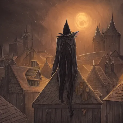 Image similar to a vampire stands on top of a village roof, looks down on street, night, fantasy, concept art, intricate detail, gothic