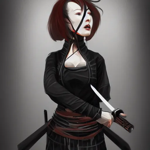 Prompt: a woman in black, bloodthirsty, samurai, katana, agony, digital illustration, artstation