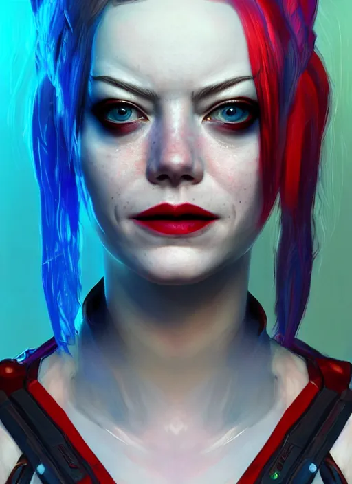 Image similar to cyberpunk portrait of emma stone as harley quinn, hyper detailed, digital art, trending in artstation, cinematic lighting, studio quality, smooth render, unreal engine 5 rendered, octane rendered, art style by klimt and nixeu and ian sprigger and wlop and krenz cushart.