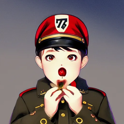 Prompt: portrait of little boy wearing nazi uniform eating an apple by ilya kuvshinov and anna dittmann and studio ghibli and wlop and rossdraws, digital art, trending on artstation, anime arts, featured on pixiv, blue lighting, hd, 8 k, highly detailed, good lighting, beautiful, epic, masterpiece