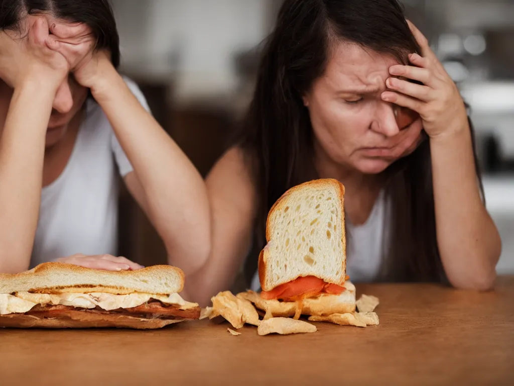 Prompt: woman very upset that she dropped her sandwich on the floor and starts bawling and crying, High Definition detail, 8K, photography