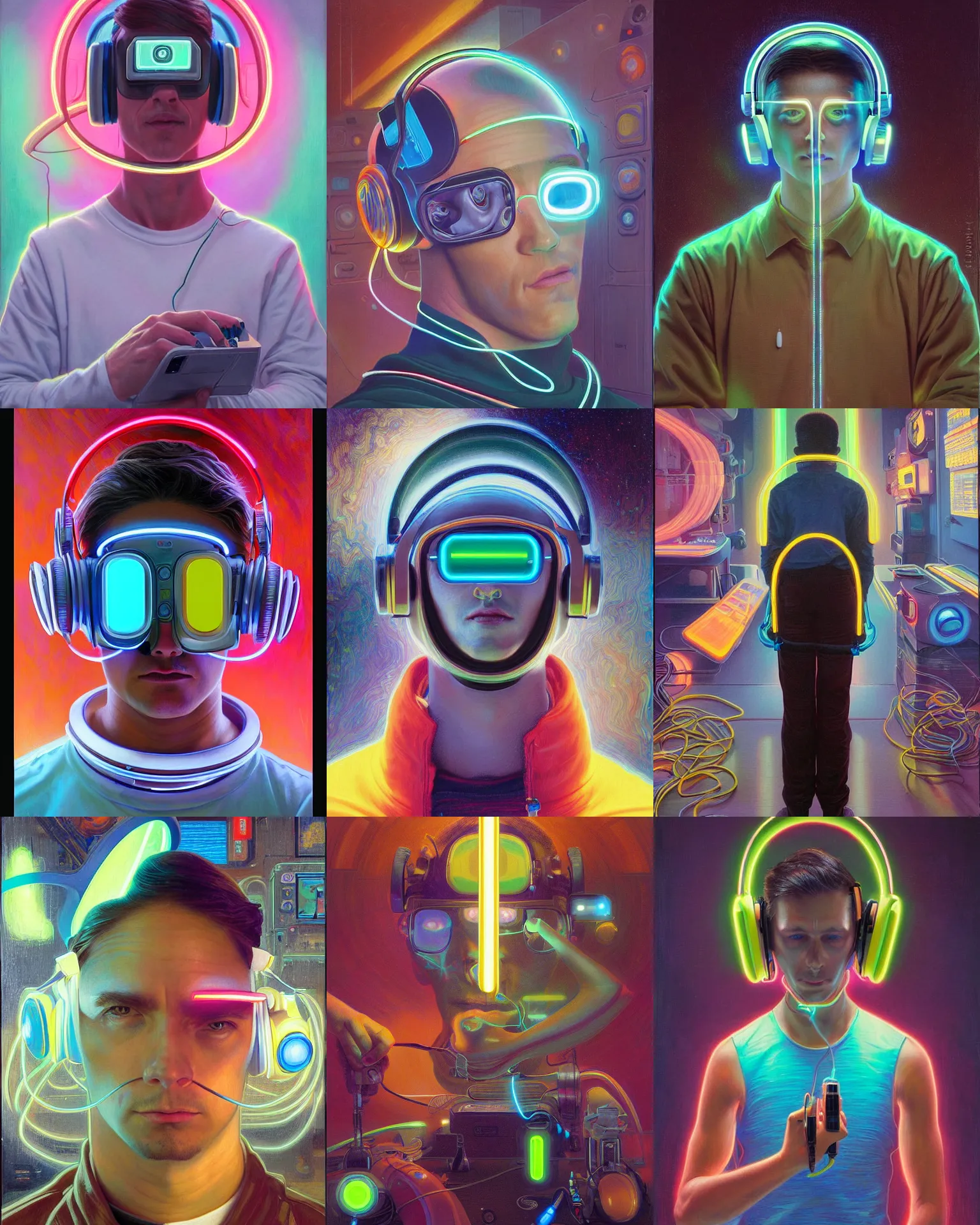 Image similar to future coder, glowing pencil thin visor over eyes and sleek neon headphones desaturated painting by donato giancola, dean cornwall, rhads, tom whalen, alex grey, alphonse mucha, astronaut cyberpunk electric fashion photography