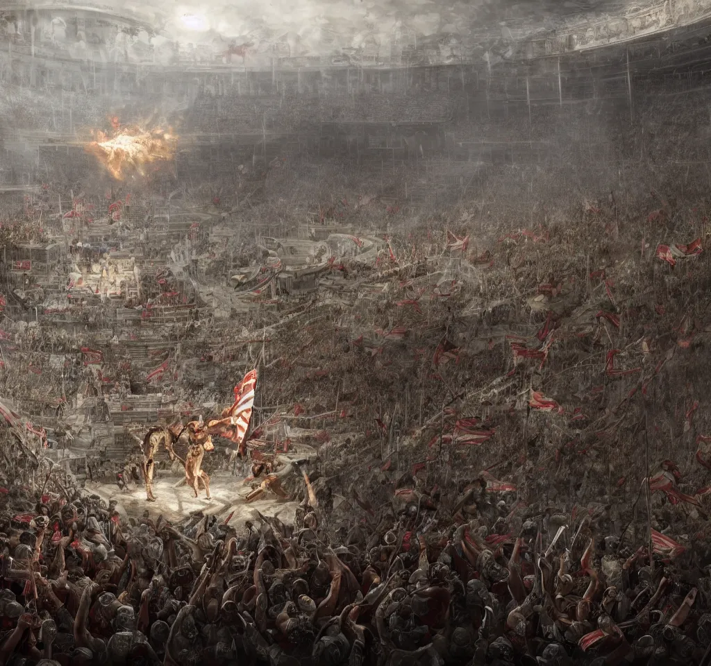 Image similar to Roman Gladiator at battle in a giant coliseum filled with cheering fans, wide angle shot, Flags on pillars , cinematic lightning, medium shot, mid-shot, highly detailed, trending on artstation, Unreal Engine 4k, cinematic, very highly Detailed, digital, HDR, Kodak Ektar, wide-angle lens, 3D concept art by Greg Rutkowski, Gary Houston, Stephan Martiniere and Alexander Fedosav