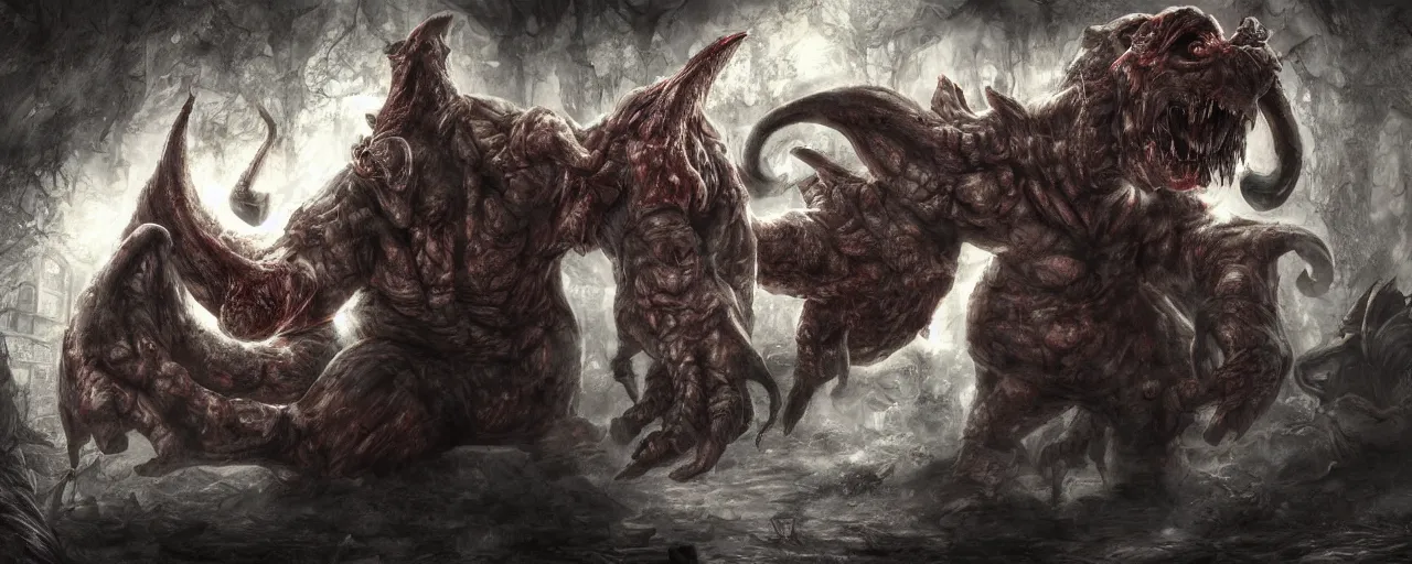 Prompt: concept art of mario hiding from bowser with huge horns and scales and talons, resident evil, horror, occult, terror, mist, volumetric render, digital painting, detailed painting