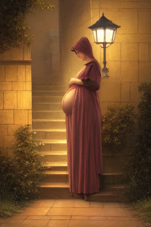 Image similar to pregnant woman under street light, highly detailed, sharp focused, ultra realistic digital concept art by Edmund Blair Leighton