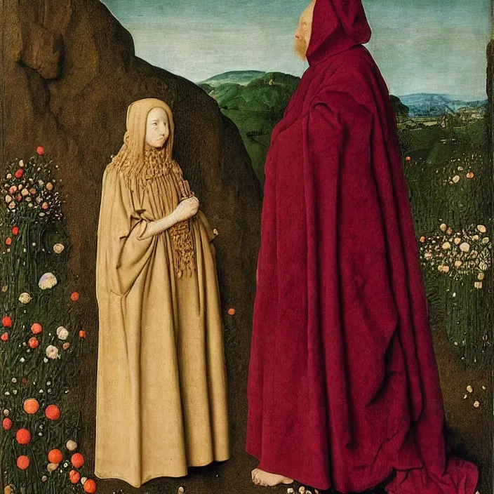 Prompt: a woman wearing a hooded cloak made of flowers, standing next to a man made of stone, by Jan van Eyck