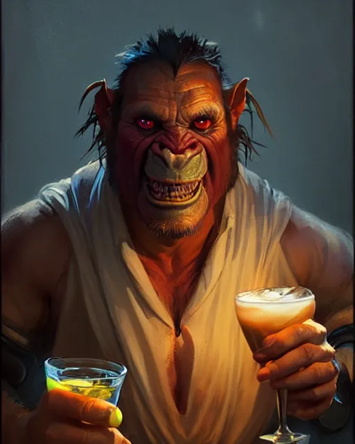 Image similar to orc bartender serving drinks | | realistic shaded, fine details, fine - face, pretty face, realistic shaded lighting poster by greg rutkowski, magali villeneuve, artgerm, jeremy lipkin and michael garmash and rob rey