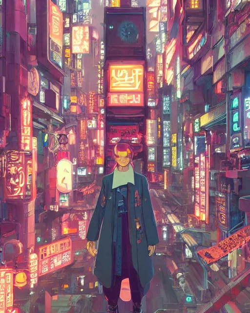 Prompt: cyberpunk neon tokyo in the style of studio ghibli, j. c. leyendecker, greg rutkowski, artem