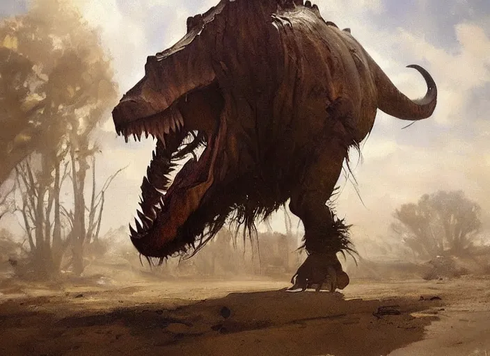 Image similar to oil painting of old rugged tyrannosaurus rex in dusty wild west street, art by anders zorn, wonderful masterpiece by greg rutkowski, beautiful cinematic light, american romanticism by greg manchess, jessica rossier