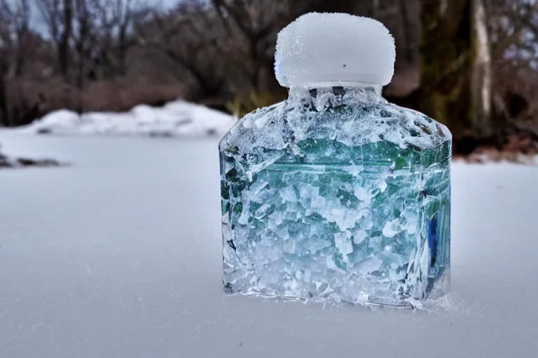 Prompt: perfume bottle buried a tropical oasis, frozen and covered in ice and snow