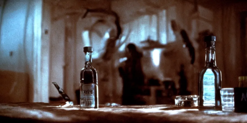 Prompt: alien from movei alien 1 9 7 9 staying with bottle of vodka in russian village. cold light, cinematic colors, high detail