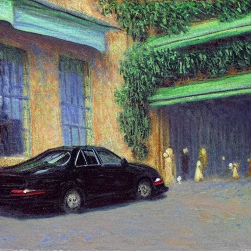 Prompt: Darth Vader driving a car in an alley, Painting by Claude Monet, Highly Detailed