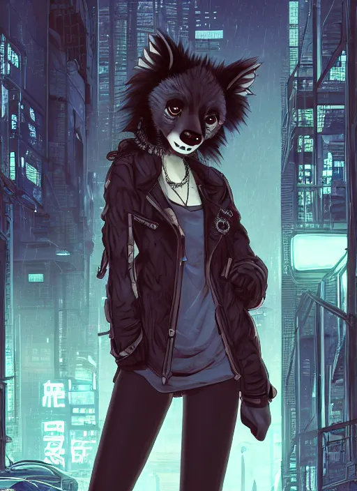 Prompt: character portrait of a female anthro hyena fursona with a cute beautiful attractive furry face and long black curly hair wearing stylish clothes in a cyberpunk city at night while it rains. hidari, color page, tankoban, 4K, tone mapping, Akihiko Yoshida.